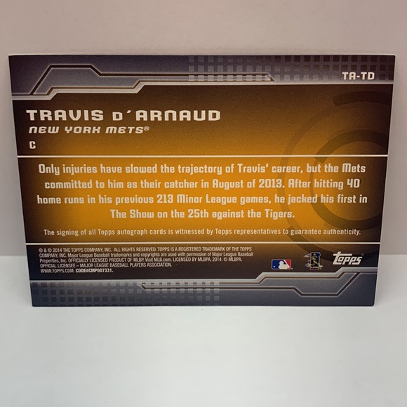 2014 Topps Travis D’Arnaud Mets Auto #TA-TD (004) - Picture 2 of 2